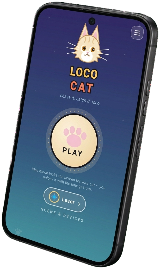 Loco Cat running on a phone, showing the play button and the scene selector