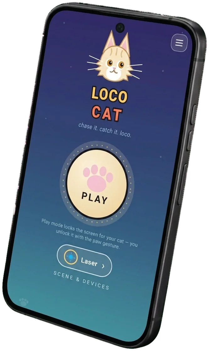 Loco Cat running on a phone, showing the play button and the scene selector