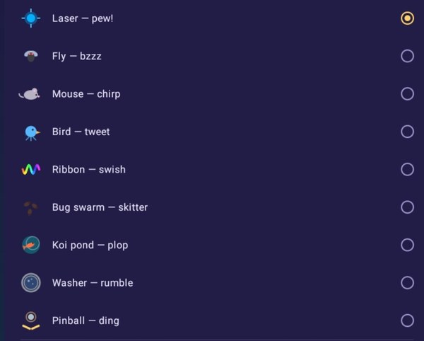 Scene picker listing laser, fly, mouse, bird, ribbon, bug swarm, koi pond, washer and pinball