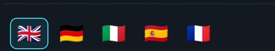 Language picker with English, German, Italian, Spanish and French flags