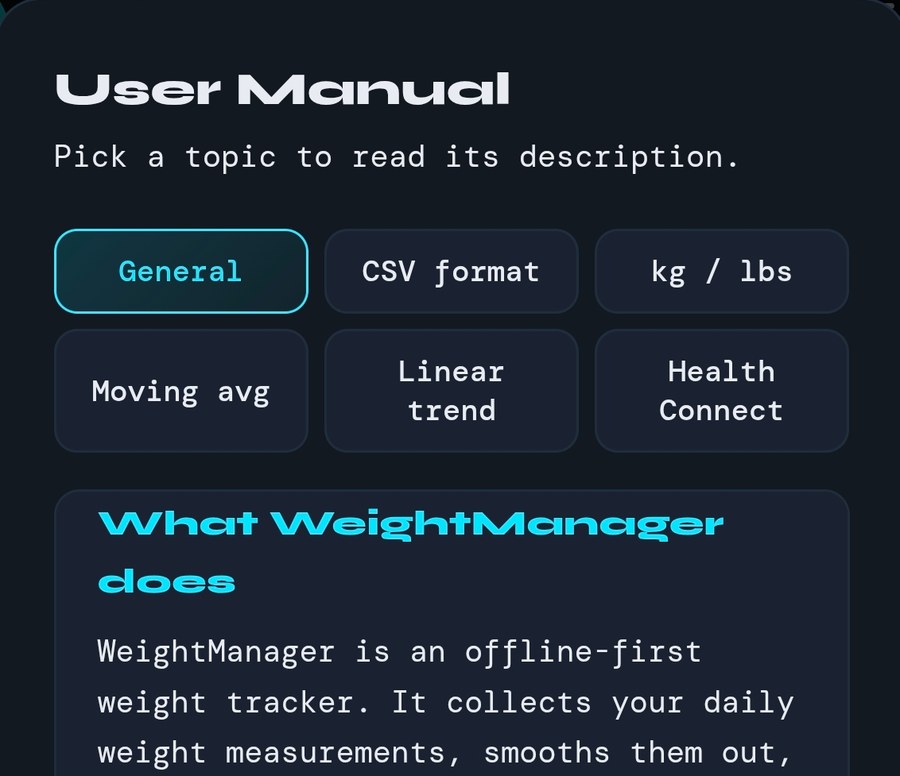 Built-in user manual with topic tabs